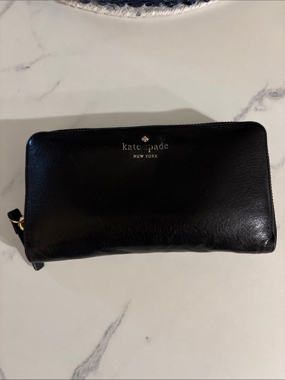 kate spade Black Leather Zip Wallet with Gold Logo Detail